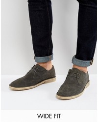 Asos Wide Fit Derby Shoes In Gray Suede With Brogue Detailing