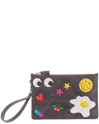 Anya Hindmarch Suede Glitter Sticker Zip Pouch Bag Charcoal