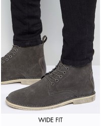 Asos Wide Fit Desert Boots In Gray Suede With Leather Detail