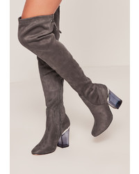 Missguided Grey Faux Suede Over The Knee Clear Heeled Boots