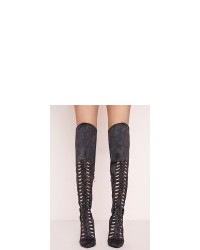Missguided Lace Up Over The Knee Heeled Boots Grey