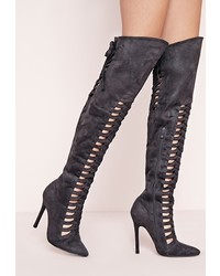 Missguided Lace Up Over The Knee Heeled Boots Grey