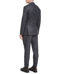 Brunello Cucinelli Flannel Wool Silk Cashmere Double Breasted Two Piece Suit Charcoal