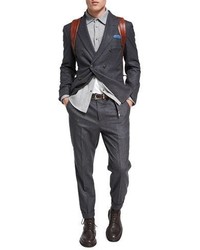 Brunello Cucinelli Flannel Wool Silk Cashmere Double Breasted Two Piece Suit Charcoal