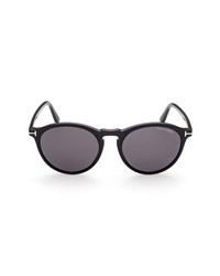 Tom Ford 52mm Polarized Round Sunglasses In Shiny Blacksmoke At Nordstrom