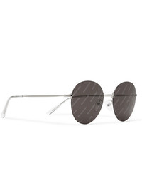 Balenciaga Round Frame Silver Tone Logo Print Sunglasses