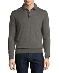 Neiman Marcus Cashmere Long Sleeve Polo Sweater Dark Smoke