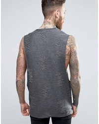 Asos Longline Tank With Distressing In Charcoal