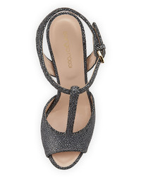Sergio Rossi Textured Leather T Strap Sandal Zinc