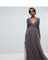 Maya Tall Long Sleeve Wrap Front Maxi Dress With Delicate Sequin And Tulle Skirt In Charcoal