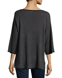 Neiman Marcus Contrast Piped 34 Sleeve Tunic Charcoal