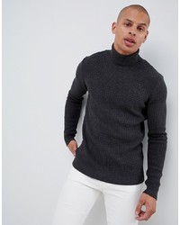 ASOS DESIGN Muscle Fit Waffle Textured Roll Neck Jumper In Charcoal
