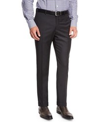 Isaia Twill Flat Front Trousers Charcoal