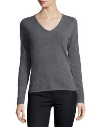Neiman Marcus Cashmere V Neck Long Sleeve Pullover Sweater Gray