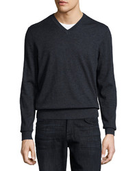Neiman Marcus Cashmere V Neck Sweater Charcoal