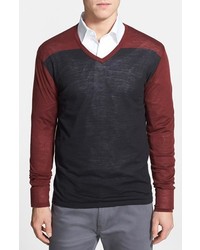 Vince Camuto Colorblocked Slim Fit Wool V Neck Sweater