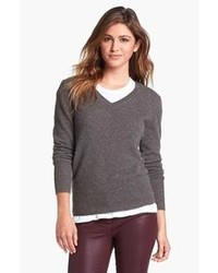 Halogen V Neck Cashmere Sweater Heather Charcoal Medium P