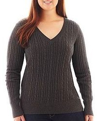 Arizona Long Sleeve V Neck Cable Knit Sweater Plus