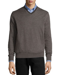 Neiman Marcus Superfine Cashmere Tipped Sweater Charcoal