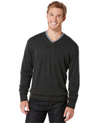 Perry Ellis Sweater Tipped V Neck Solid Sweater
