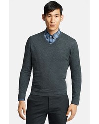 Theory V Neck Cotton Cashmere Sweater Charcoal Melange Xx Large