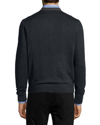 Neiman Marcus Tipped Superfine Cashmere V Neck Sweater Charcoal