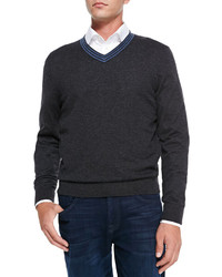 Neiman Marcus V Neck Pullover Cashmere Sweater Charcoaldenim Stripe