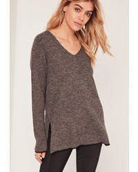 Missguided V Neck Side Split Sweater Dark Grey