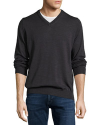 Neiman Marcus Wool Long Sleeve V Neck Sweater Shadow
