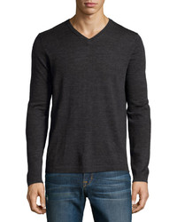 Neiman Marcus Wool V Neck Modern Fit Sweater Shadow