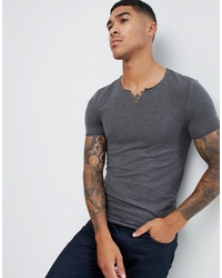 ASOS DESIGN Muscle Fit T Shirt With Raw Notch Neck In Grey