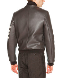 Thom Browne Leather Zip Up Varsity Jacket Dark Gray