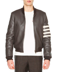 Thom Browne Leather Zip Up Varsity Jacket Dark Gray