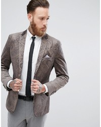 Harry Brown Dove Grey Velvet And Gold Embossed Skinny Fit Suit Jacket