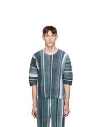 Homme Plissé Issey Miyake Grey And Blue Striped T Shirt