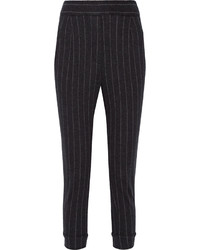 Brunello Cucinelli Embellished Pinstriped Cashmere Straight Leg Pants Charcoal