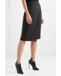 Max Mara Eracle Wrap Effect Leather Trimmed Pinstriped Wool Blend Skirt Charcoal