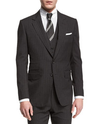 Tom Ford Buckley Base Pinstripe Three Piece Wool Suit Charcoal