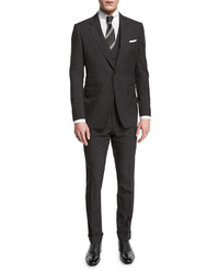 Tom Ford Buckley Base Pinstripe Three Piece Wool Suit Charcoal
