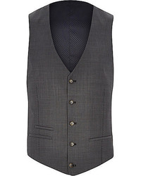 River Island Grey Herringbone Wool Blend Suit Vest