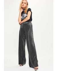 Missguided Grey Crinkle High Waisted Wide Leg Trousers