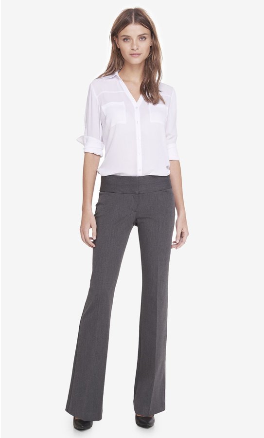 Express Gray Twill Wide Waistband Flare Editor Pant, $79, Express