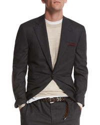 Brunello Cucinelli Textured Three Button Wool Two Piece Suit Charcoal