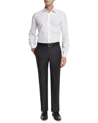 Neiman Marcus Classic Flat Front Wool Trousers Charcoal