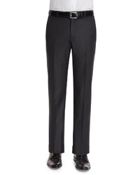 Neiman Marcus Classic Flat Front Wool Trousers Charcoal