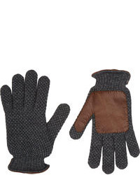 Barneys New York Leather Trim Knit Gloves Grey