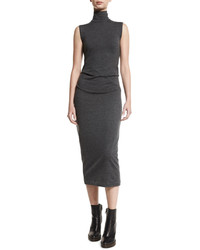 Brunello Cucinelli Ruched Sleeveless Turtleneck Midi Dress Charcoal