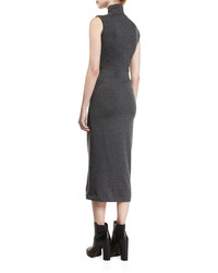 Brunello Cucinelli Ruched Sleeveless Turtleneck Midi Dress Charcoal