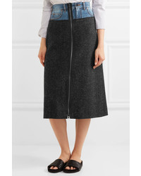 Maison Margiela Denim Paneled Felted Wool Midi Skirt Charcoal