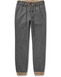Sacai Slim Fit Tapered Velour Trimmed Melton Wool Trousers